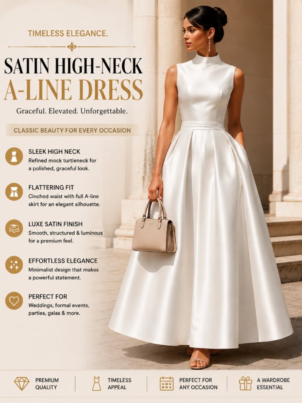 Elegant White High-Neck A-Line Maxi Dress Formal Occasion Gown XL 12